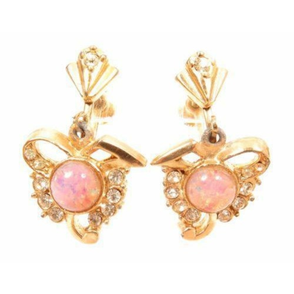 Vintage‎ Gold Tone Pink Faux Opal Rhinestone Bow Fan Screw Back Drop Earrings
